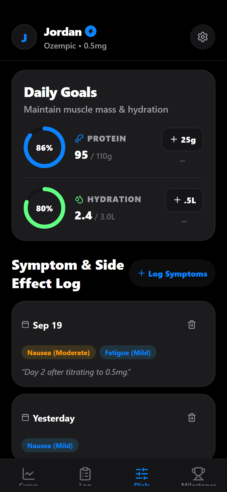 The Dials tab with daily protein, water and side-effect tracking dials