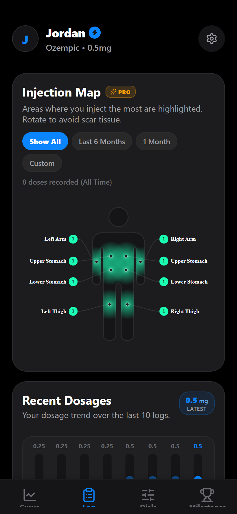 The Log tab for recording an injection with dose, injection site on a body map, and notes